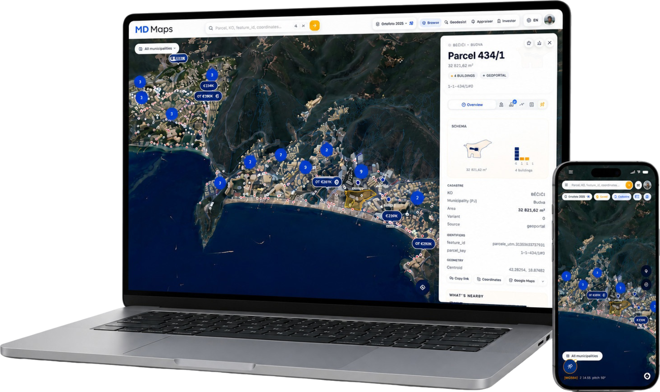 MD Maps — карта Черногории с карточкой участка на ноутбуке и телефоне
